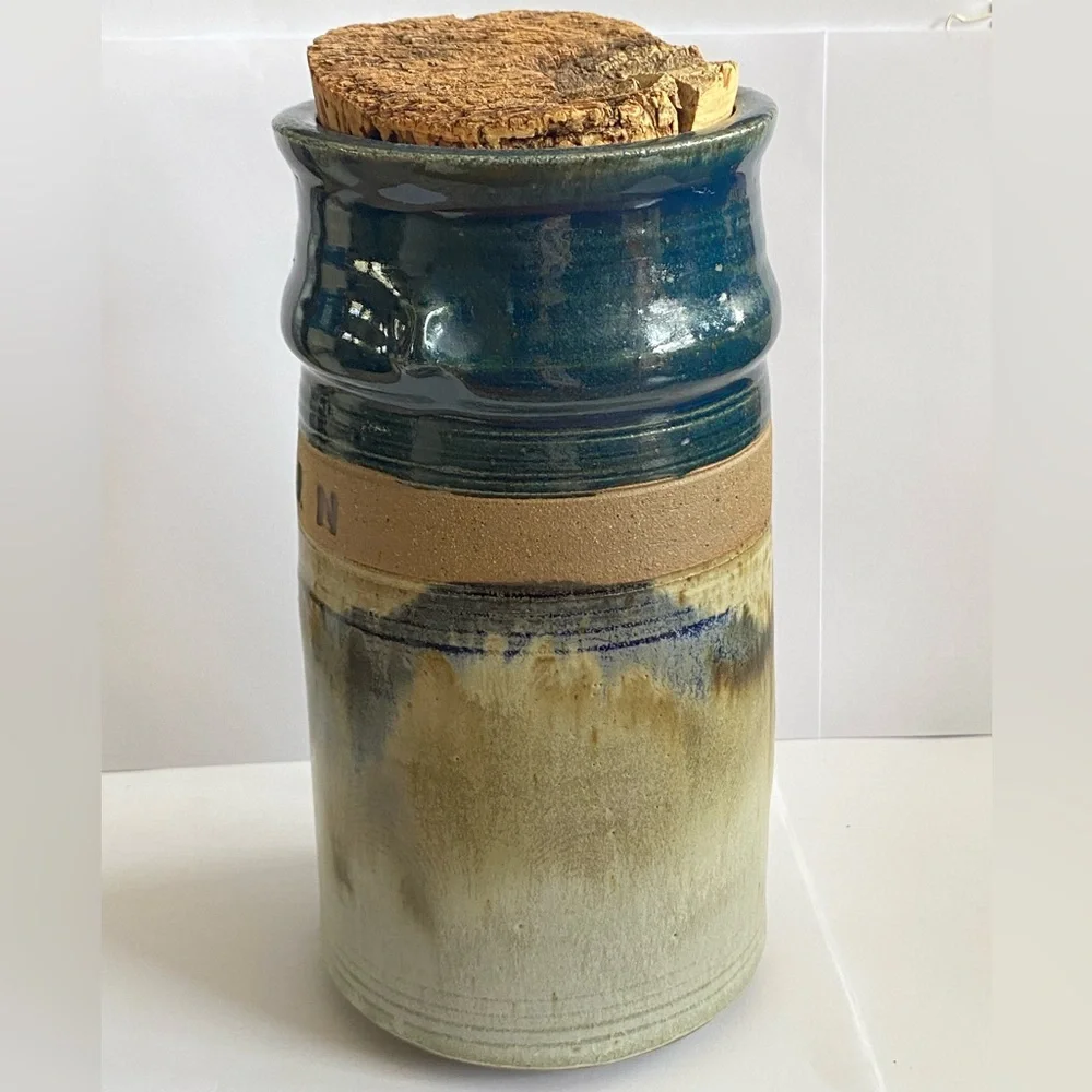 Hand Made 1989 Stoneware Pottery Container POPCORN Crock Signed Bob Huskins